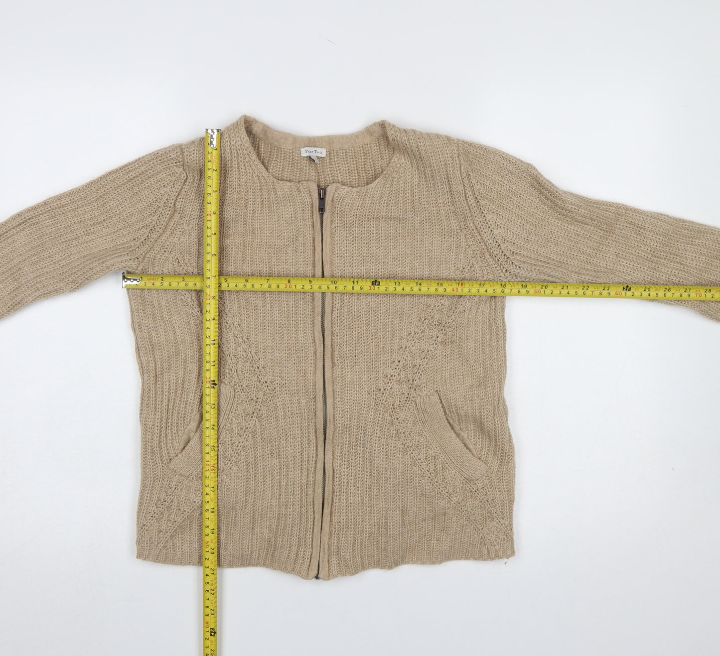 Part Two Women Beige L Chunky-Knit Full Zip Cardigan Wool Blend