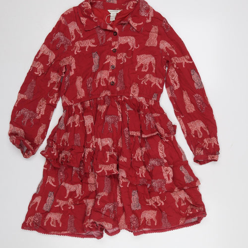 Monsoon Girls Red Animal Print Long Sleeve Shirt Dress 12-13 Years