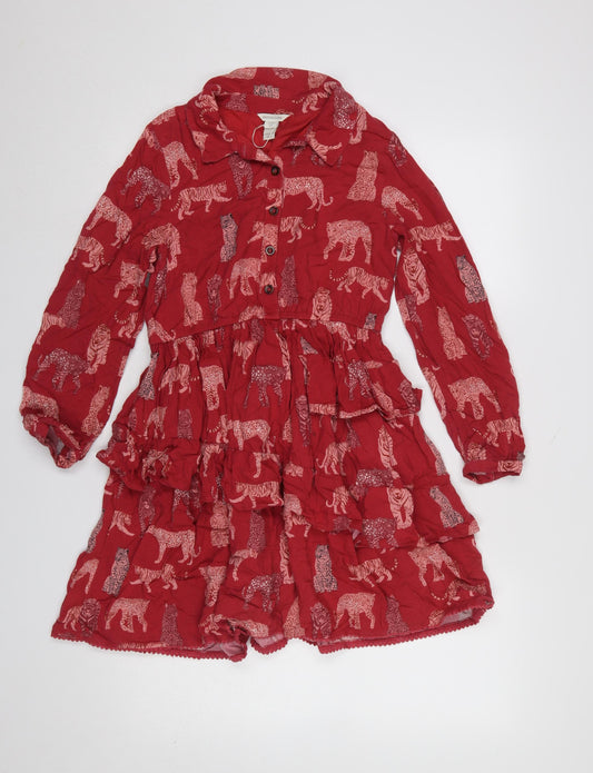 Monsoon Girls Red Animal Print Long Sleeve Shirt Dress 12-13 Years