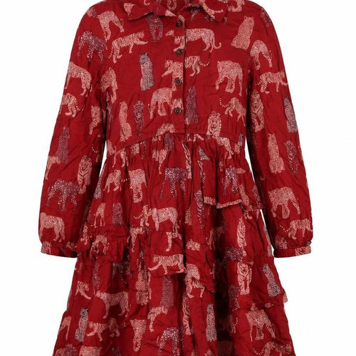 Monsoon Girls Red Animal Print Long Sleeve Shirt Dress 12-13 Years