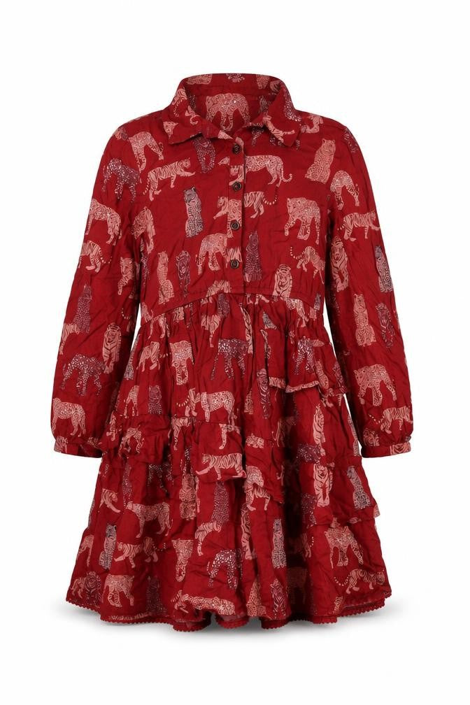 Monsoon Girls Red Animal Print Long Sleeve Shirt Dress 12-13 Years
