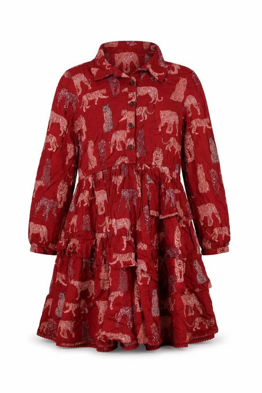 Monsoon Girls Red Animal Print Long Sleeve Shirt Dress 12-13 Years
