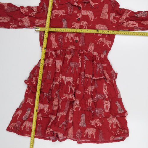 Monsoon Girls Red Animal Print Long Sleeve Shirt Dress 12-13 Years