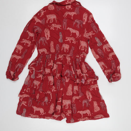 Monsoon Girls Red Animal Print Long Sleeve Shirt Dress 12-13 Years