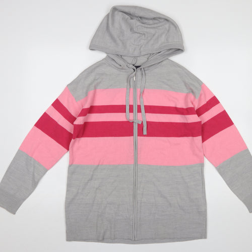 Marks and Spencer Women Grey Pink Striped Hooded Full Zip Cardigan Small