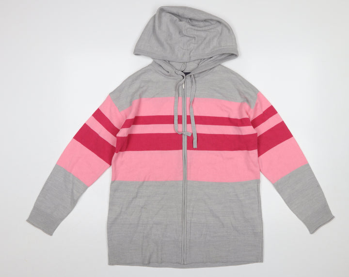Marks and Spencer Women Grey Pink Striped Hooded Full Zip Cardigan Small