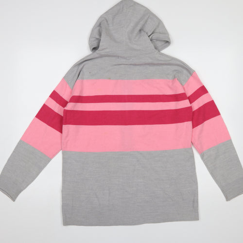 Marks and Spencer Women Grey Pink Striped Hooded Full Zip Cardigan Small