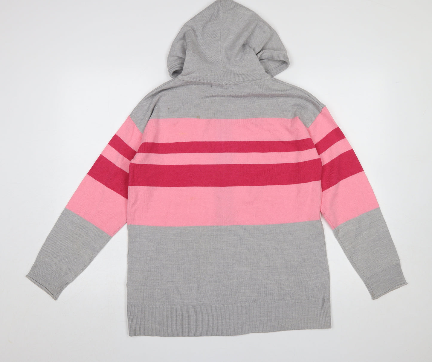 Marks and Spencer Women Grey Pink Striped Hooded Full Zip Cardigan Small