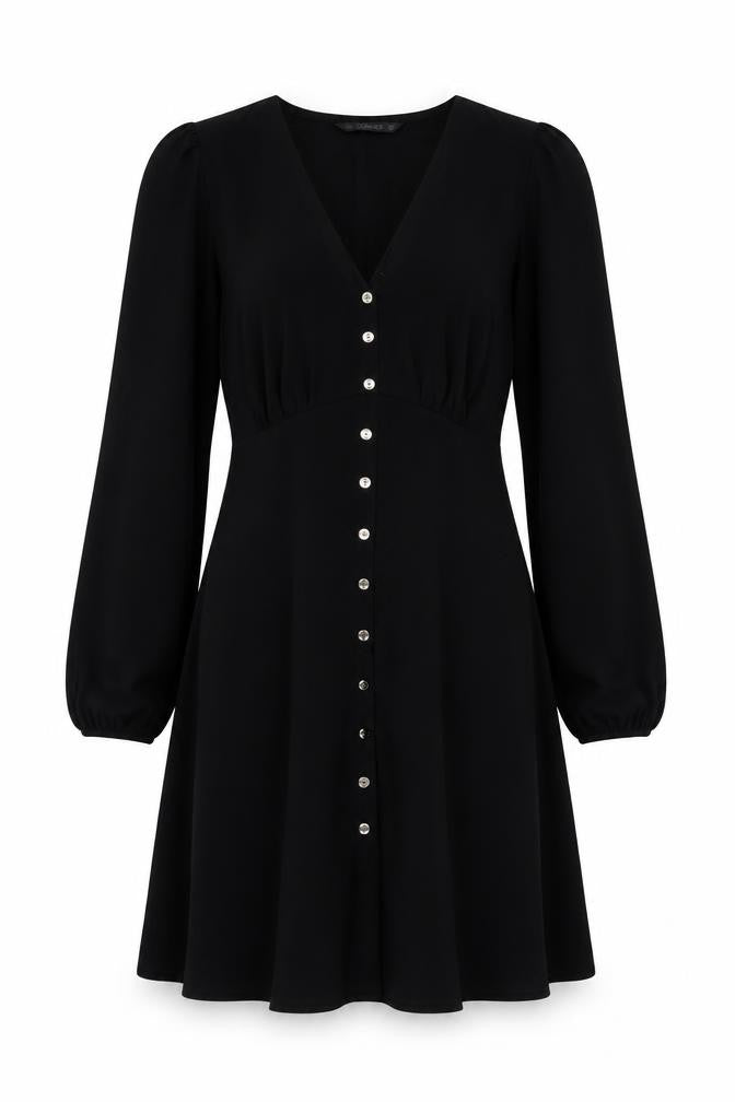 Front view of Dunnes Women's Black A-Line Button Front Dress, size 10