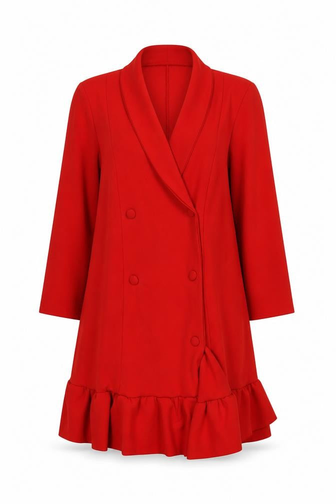 Front view of Boohoo Women Red Jacket Dress UK 12 Ruffle Hem Formal Partywear