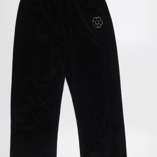 Dunnes Stores Girls Black Velour Sweatpants 25in Waist - Flower Detail