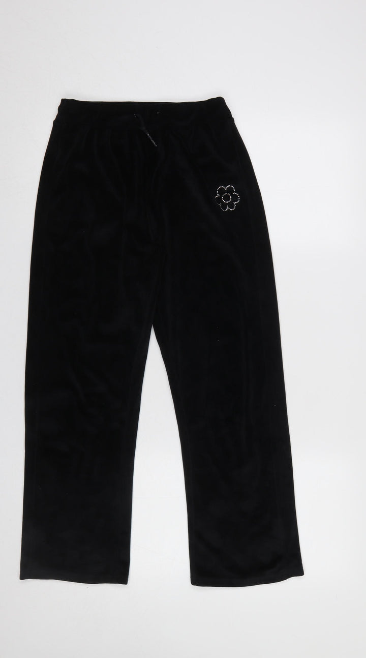 Dunnes Stores Girls Black Velour Sweatpants 25in Waist - Flower Detail