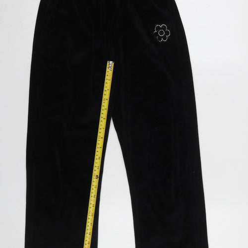 Dunnes Stores Girls Black Velour Sweatpants 25in Waist - Flower Detail