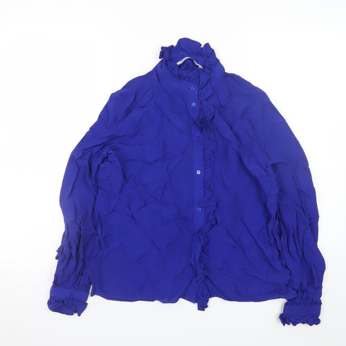 ZARA Women Blue Ruffle Long Sleeve High Neck Viscose Blouse Size 12