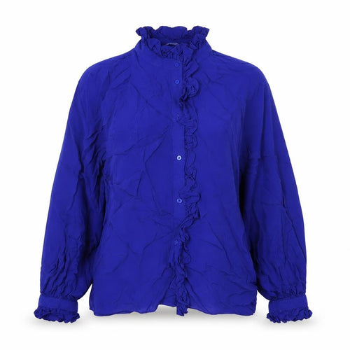 ZARA Women Blue Ruffle Long Sleeve High Neck Viscose Blouse Size 12