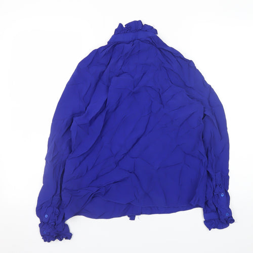 ZARA Women Blue Ruffle Long Sleeve High Neck Viscose Blouse Size 12