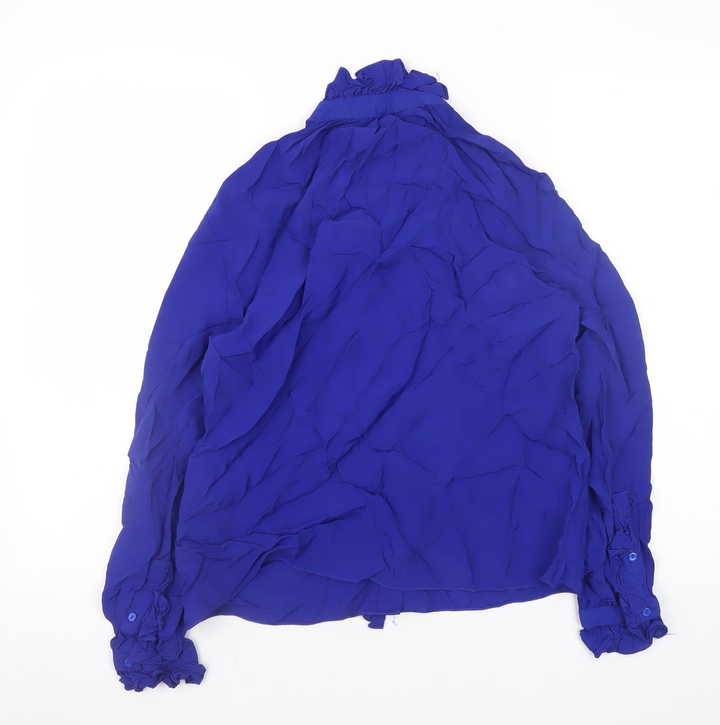 ZARA Women Blue Ruffle Long Sleeve High Neck Viscose Blouse Size 12