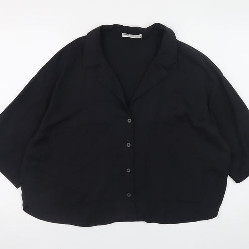 Pull & Bear Women's Black Cropped Button-Up Shirt Size 12