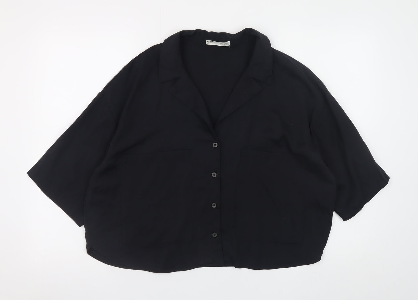 Pull & Bear Women's Black Cropped Button-Up Shirt Size 12
