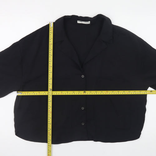 Pull & Bear Women's Black Cropped Button-Up Shirt Size 12