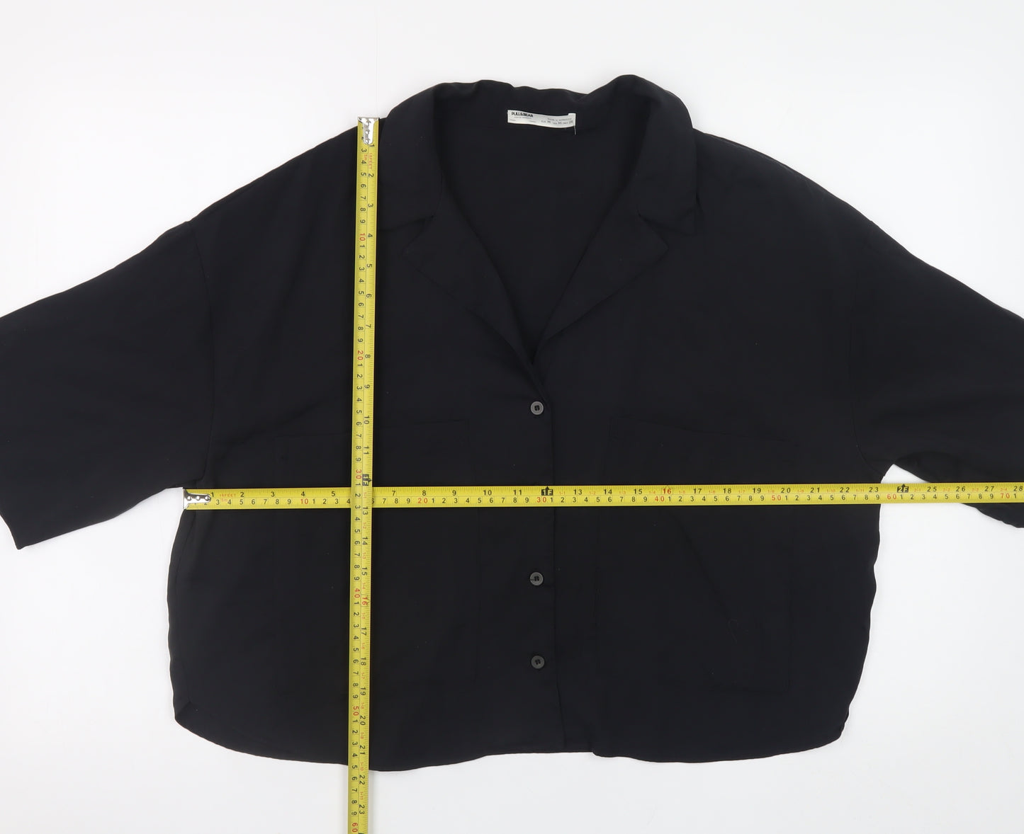 Pull & Bear Women's Black Cropped Button-Up Shirt Size 12