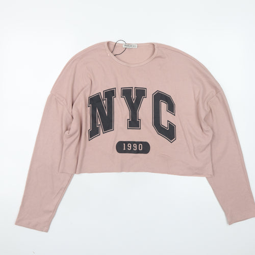 Stradivarius Womens Pink NYC 1990 Long Sleeve Pullover Jumper Size 8