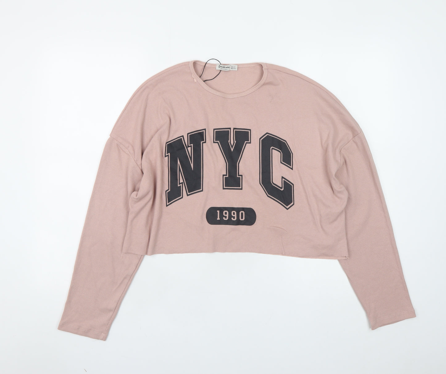 Stradivarius Womens Pink NYC 1990 Long Sleeve Pullover Jumper Size 8