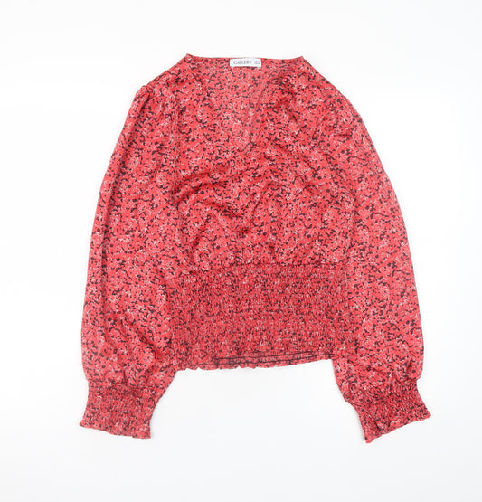 Gallery Womens Red Floral Wrap Blouse UK 10 Long Sleeve Chiffon Top