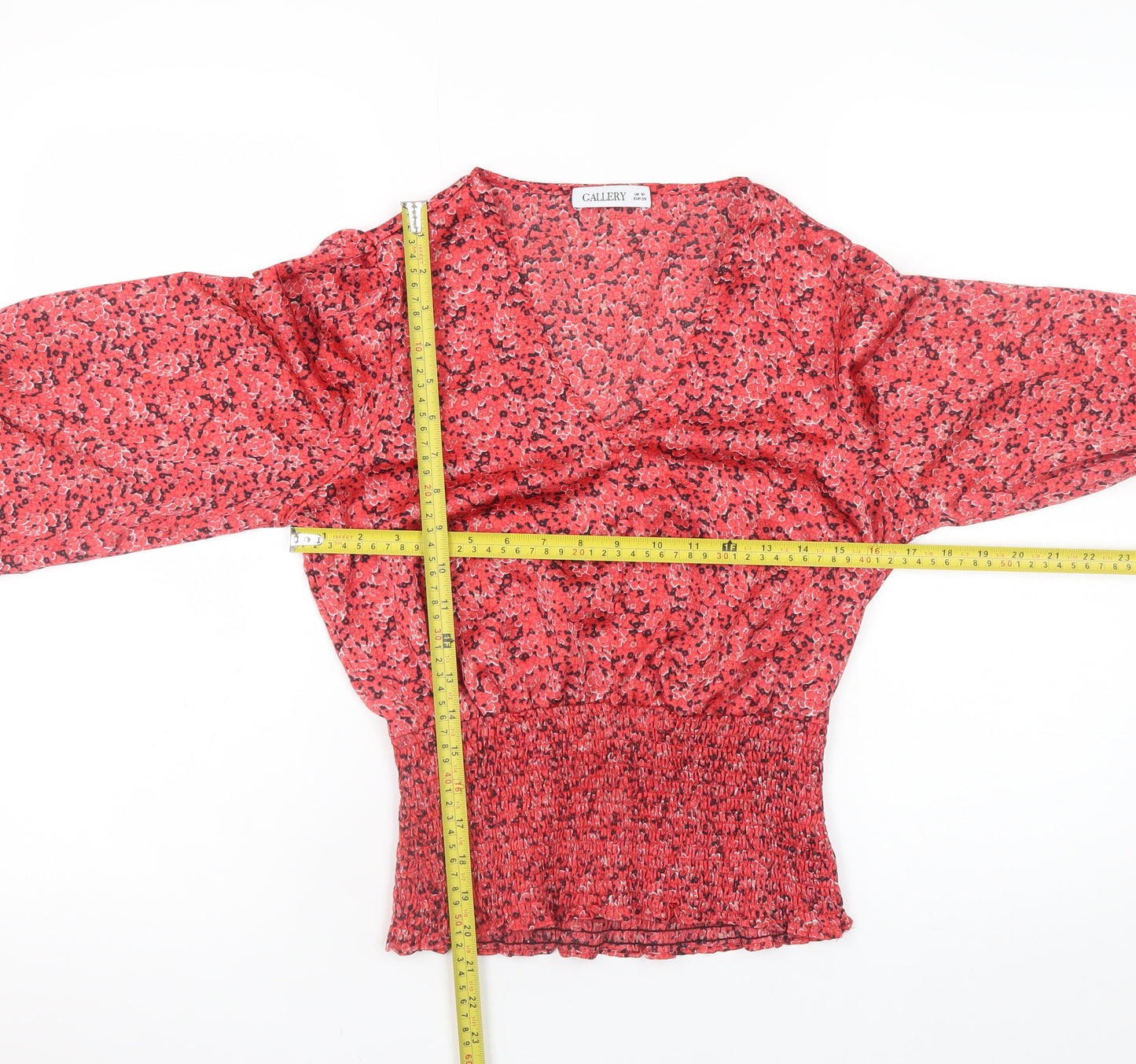 Gallery Womens Red Floral Wrap Blouse UK 10 Long Sleeve Chiffon Top