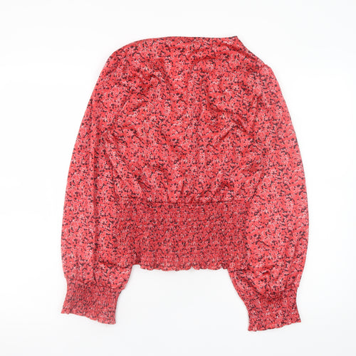 Gallery Womens Red Floral Wrap Blouse UK 10 Long Sleeve Chiffon Top