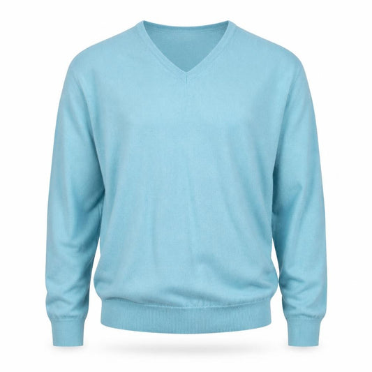 Front view of Dunnes Men’s Blue Merino Blend V-Neck Jumper, size L