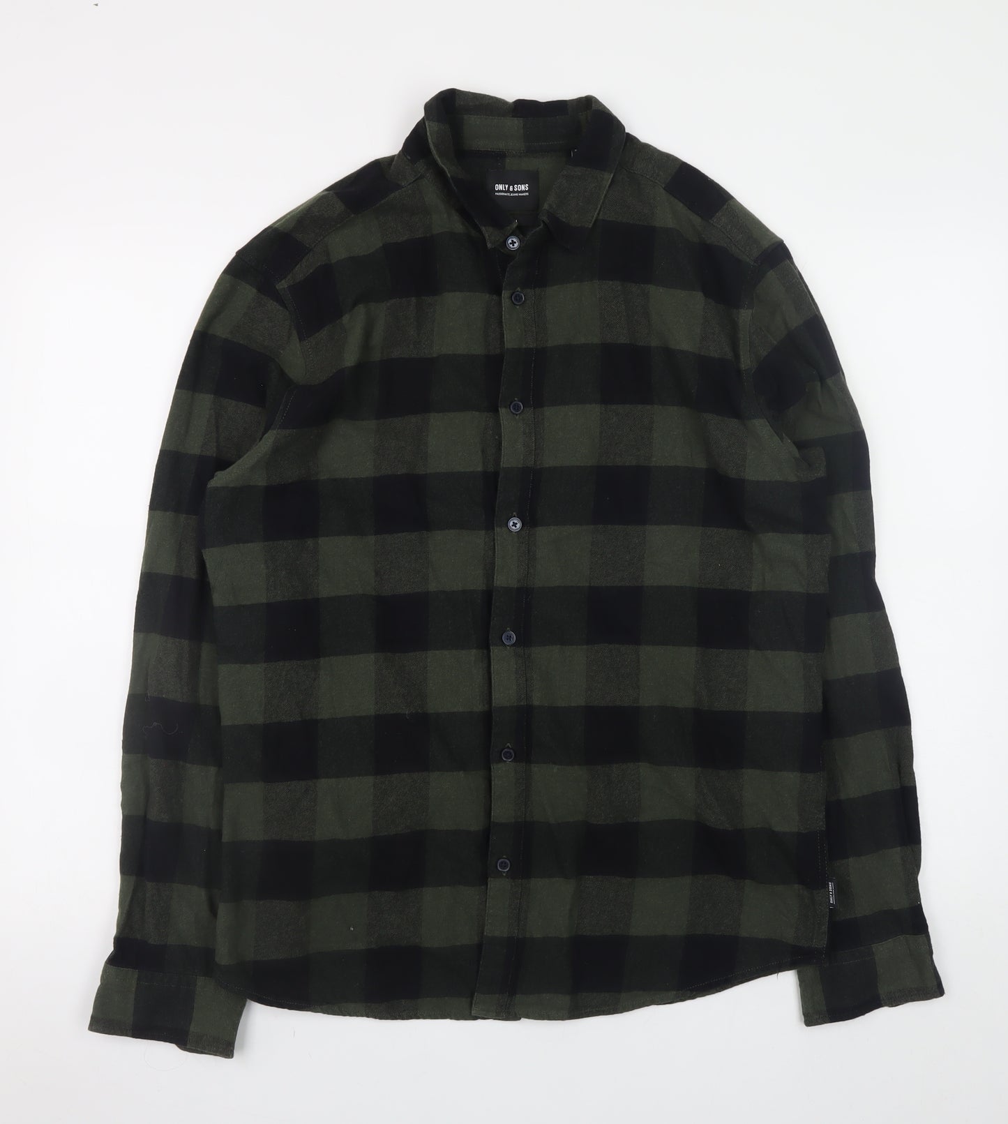 Only & Sons Men's Green Black Check Flannel Slim Fit Shirt L