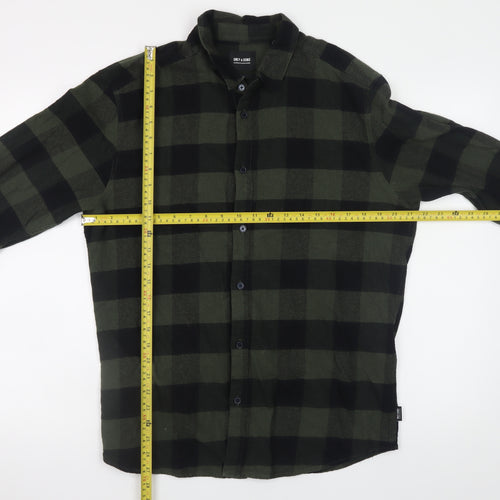 Only & Sons Men's Green Black Check Flannel Slim Fit Shirt L