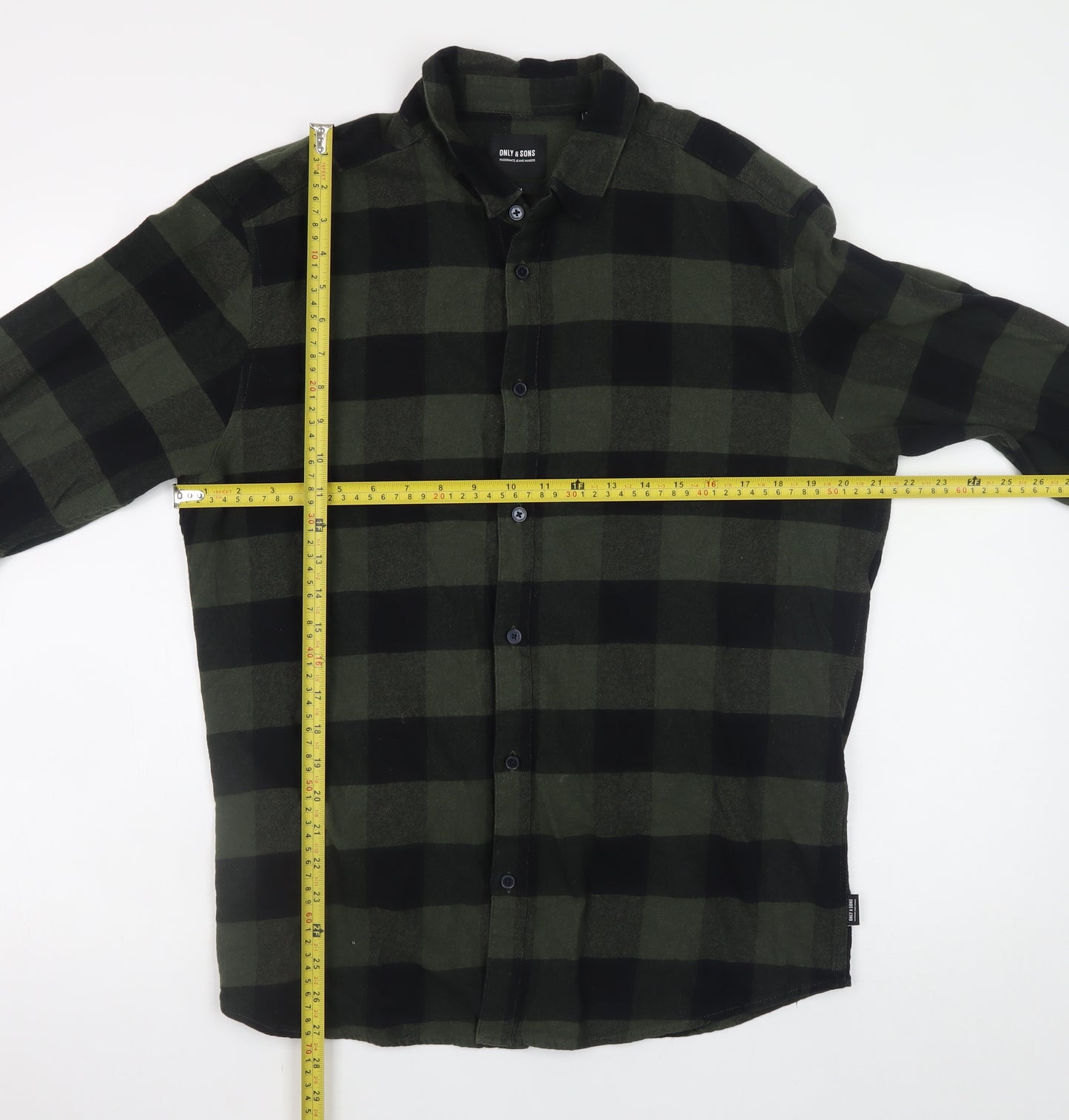 Only & Sons Men's Green Black Check Flannel Slim Fit Shirt L