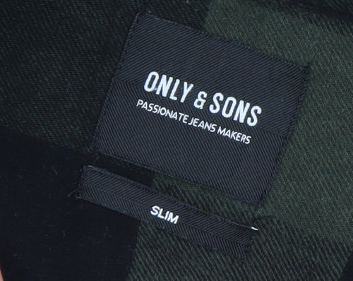 Only & Sons Men's Green Black Check Flannel Slim Fit Shirt L