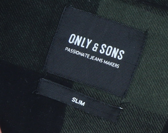 Only & Sons Men's Green Black Check Flannel Slim Fit Shirt L