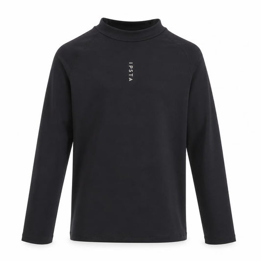 Front view of Kipsta girls’ black long sleeve mock neck activewear top 10-11 years