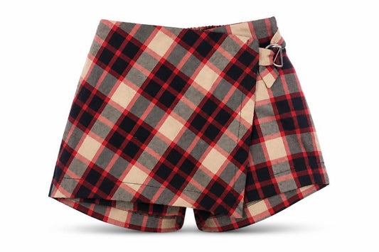 Front view of Coeli girls’ multicoloured check wrap skort, size 28, polyester blend
