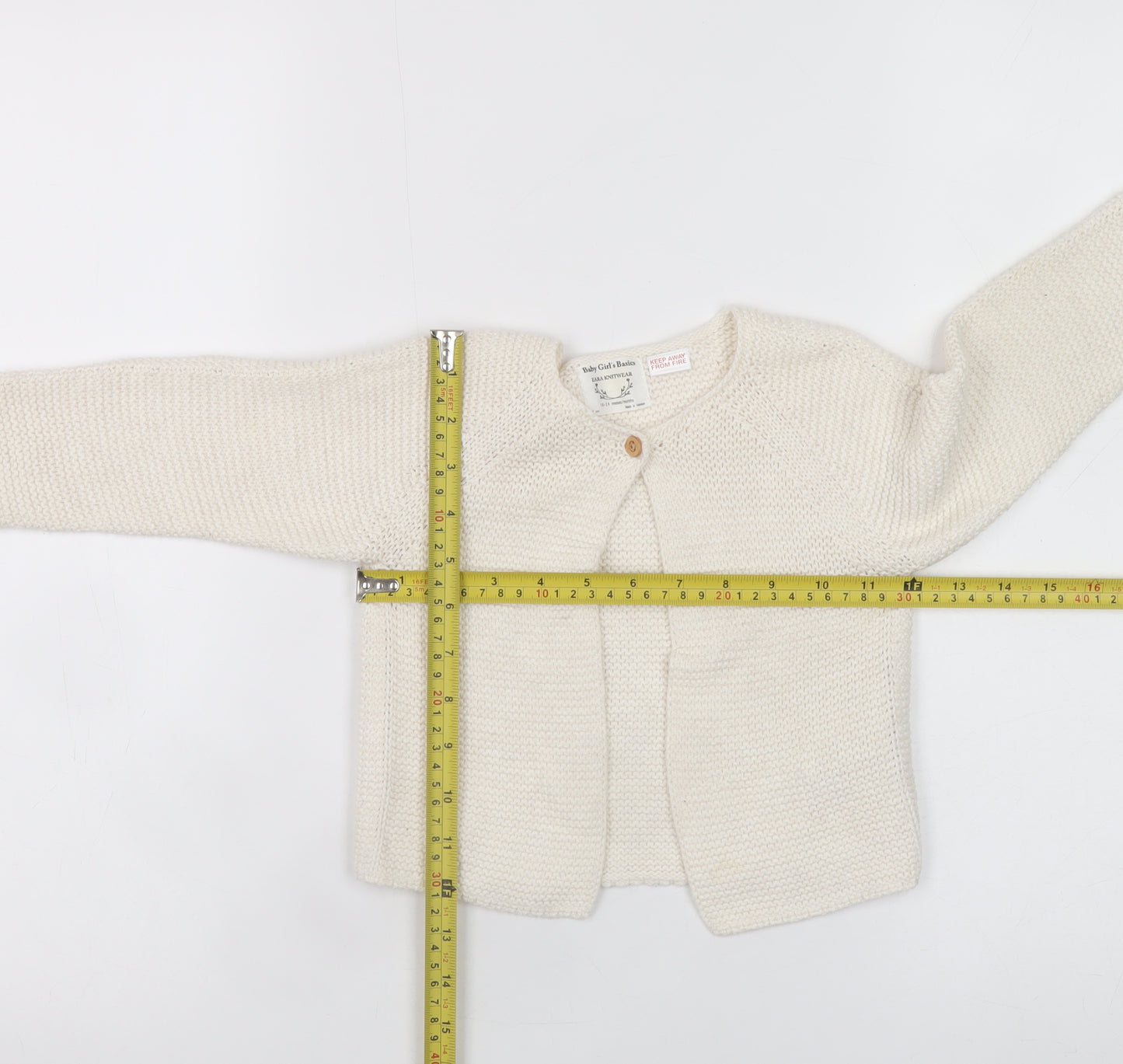 Zara Baby Girl's Ivory Cotton Knit Cardigan 18-24 Months Long Sleeve