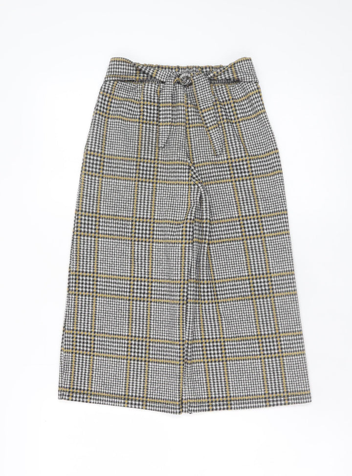 F&F Girls Grey Check Wide Leg Trousers 8-9 Years Stretch Viscose Blend