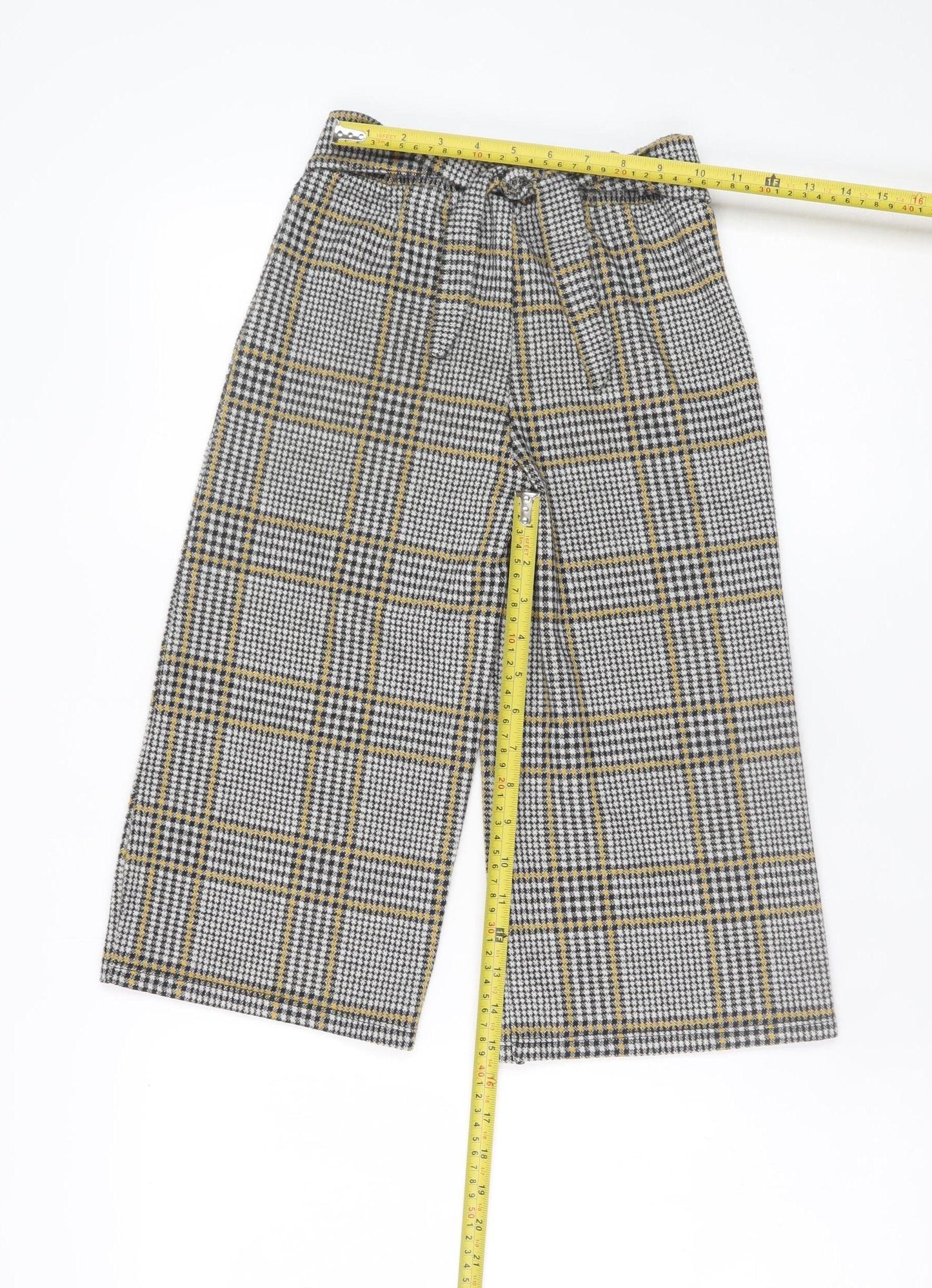 F&F Girls Grey Check Wide Leg Trousers 8-9 Years Stretch Viscose Blend
