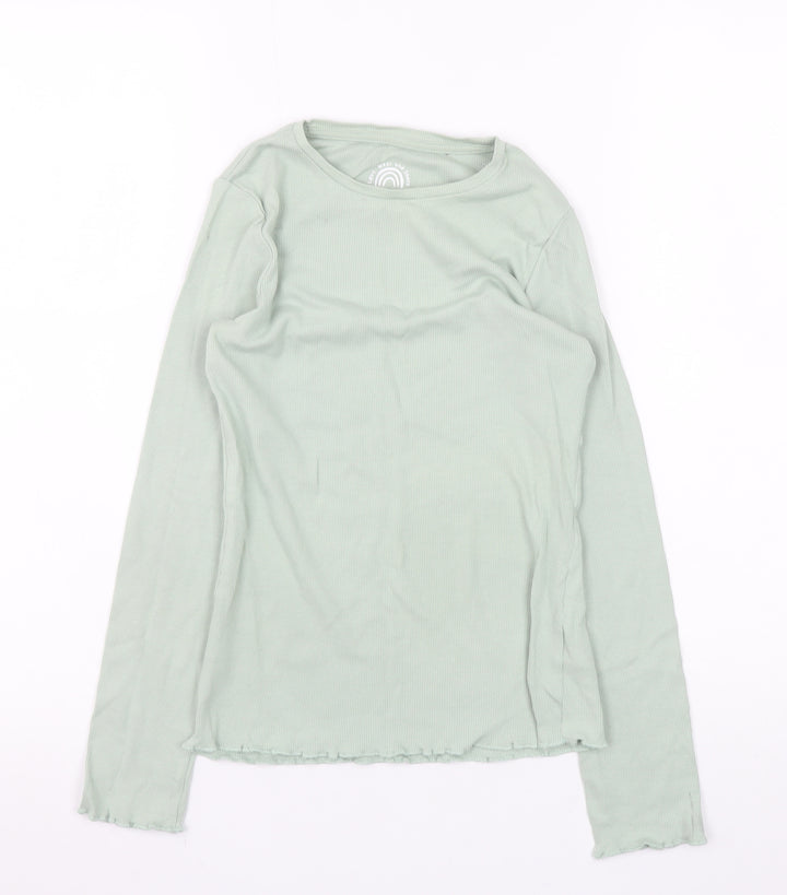 F&F Girls Light Green Ribbed Long Sleeve Pullover Top UK 10-11Y Cotton Blend