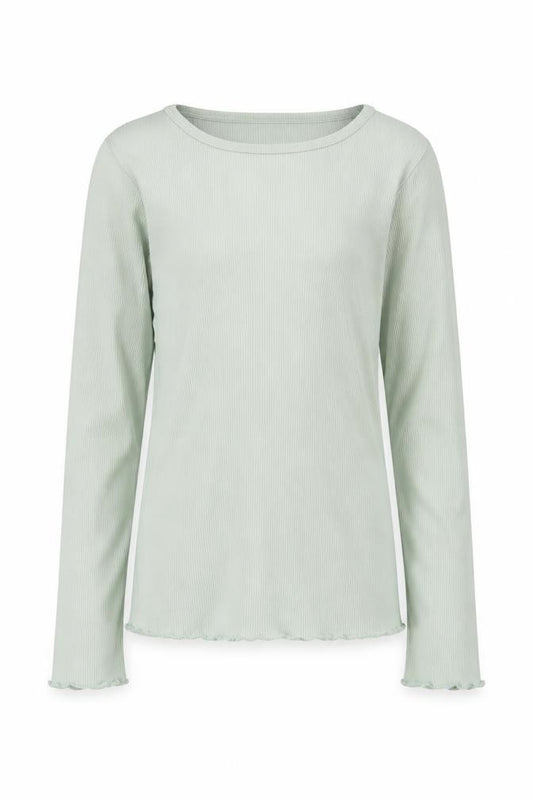 Front view of F&F girls’ light green ribbed long sleeve pullover top uk 10-11y cotton blend