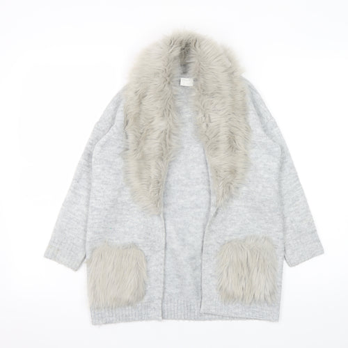 F&F Kids Girls Grey Faux Fur Trim Cardigan 8-9 Years Winter Knitwear