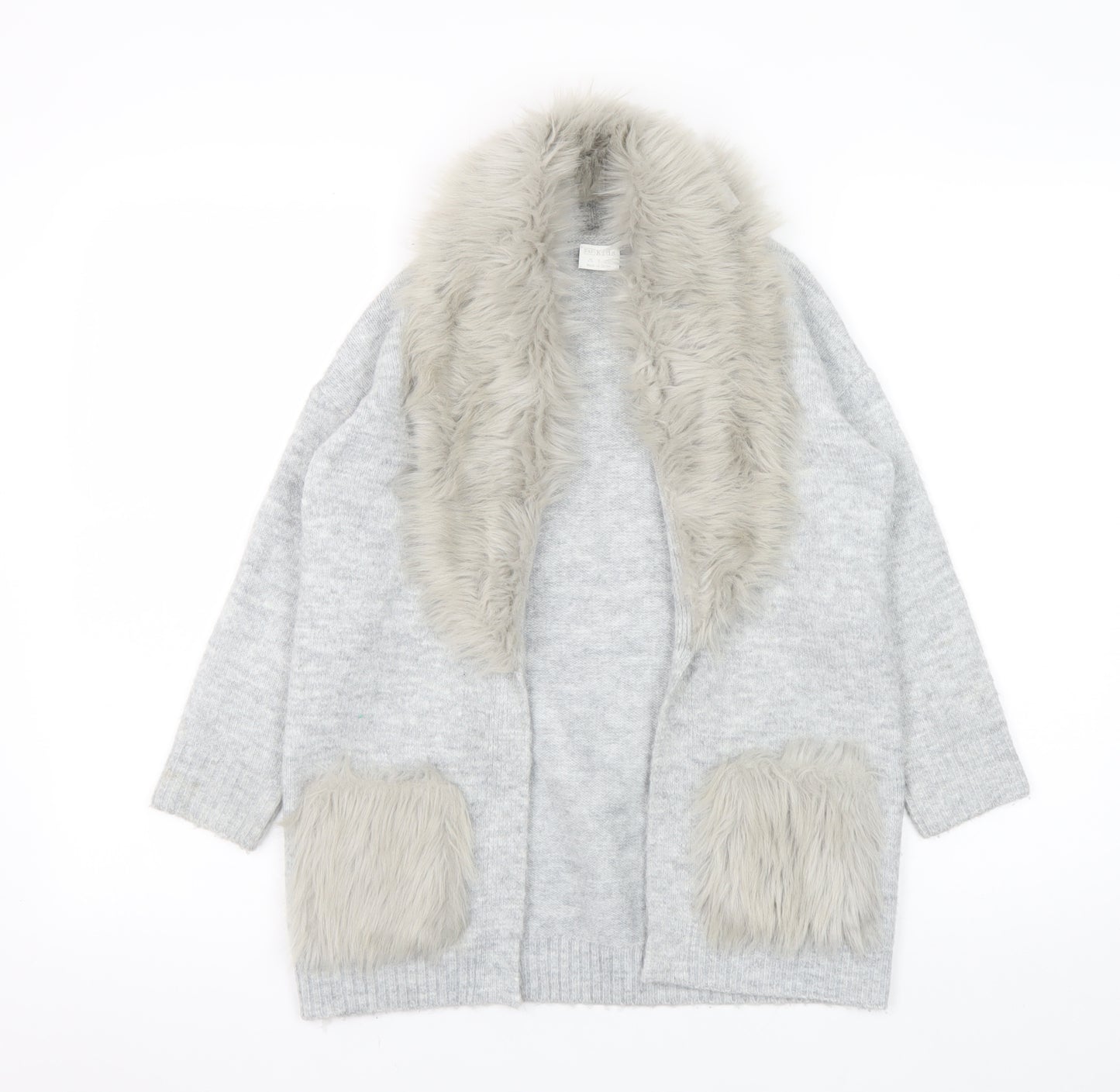 F&F Kids Girls Grey Faux Fur Trim Cardigan 8-9 Years Winter Knitwear