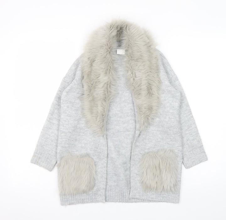 F&F Kids Girls Grey Faux Fur Trim Cardigan 8-9 Years Winter Knitwear