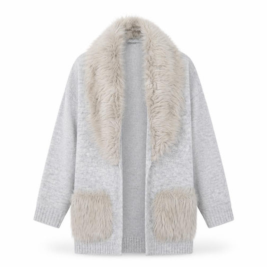 Front view of F&F Kids girls’ grey faux fur trim cardigan 8-9 years winter knitwear