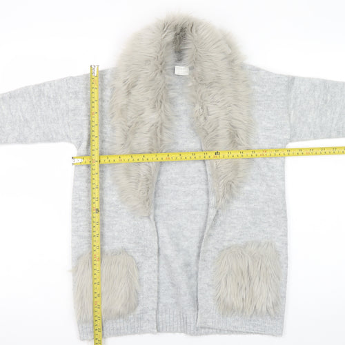 F&F Kids Girls Grey Faux Fur Trim Cardigan 8-9 Years Winter Knitwear