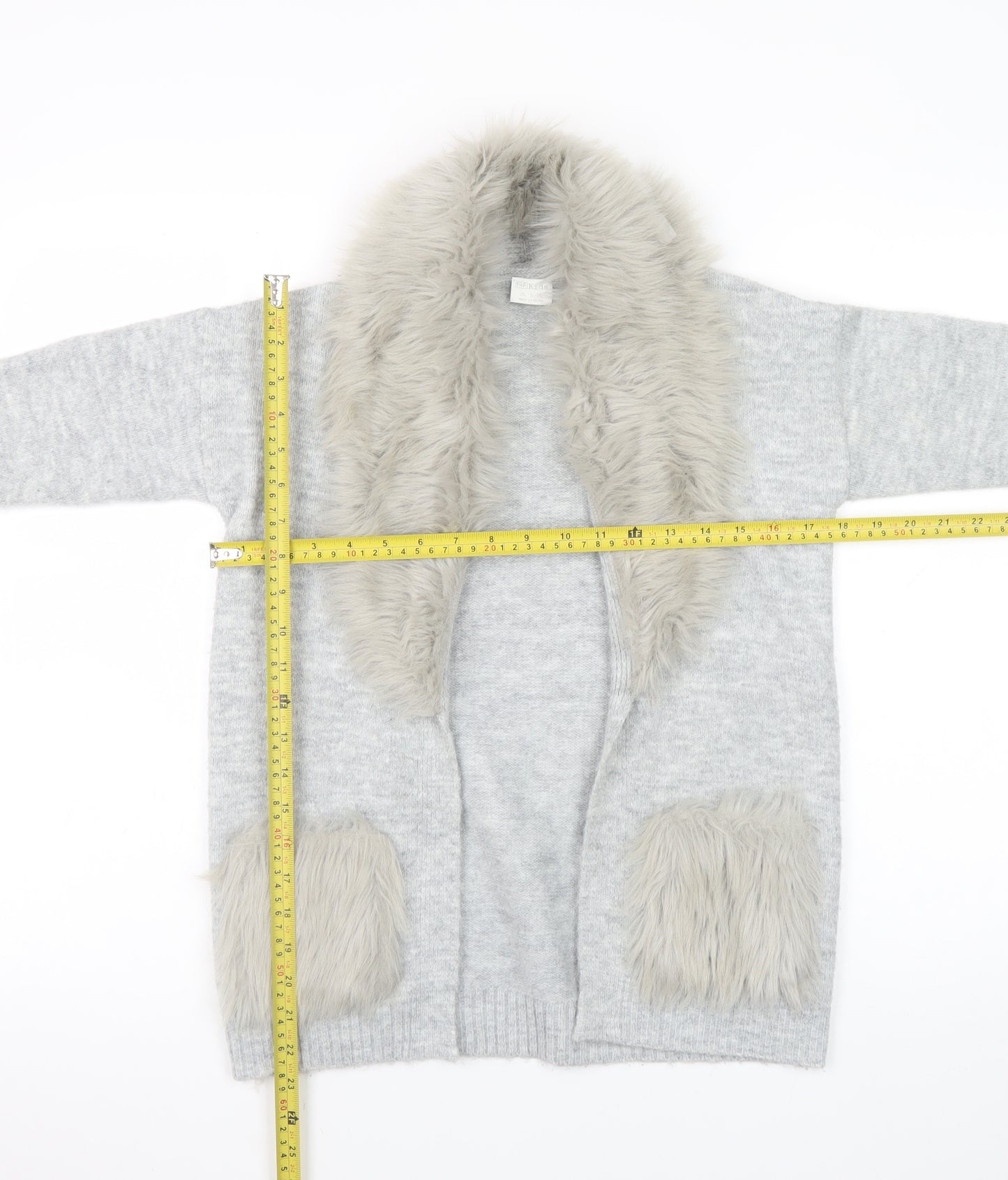F&F Kids Girls Grey Faux Fur Trim Cardigan 8-9 Years Winter Knitwear