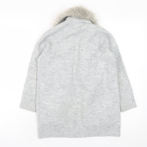 F&F Kids Girls Grey Faux Fur Trim Cardigan 8-9 Years Winter Knitwear